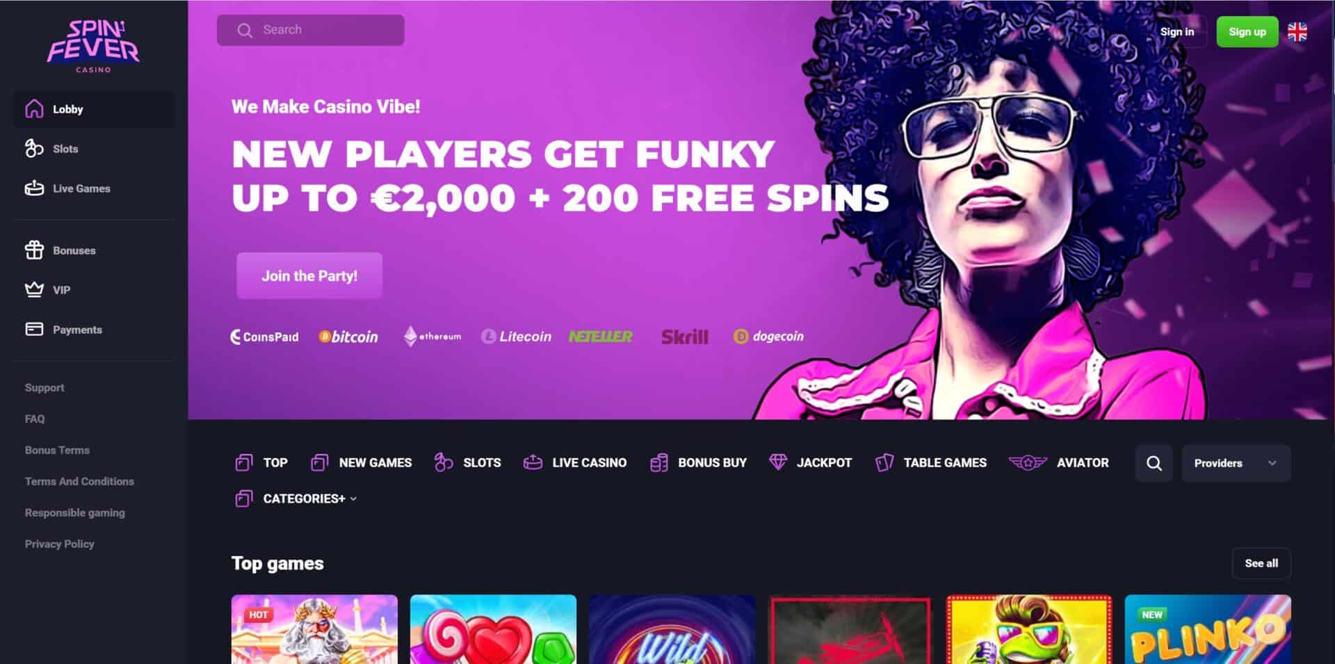 SpinFever Casino - Homepage