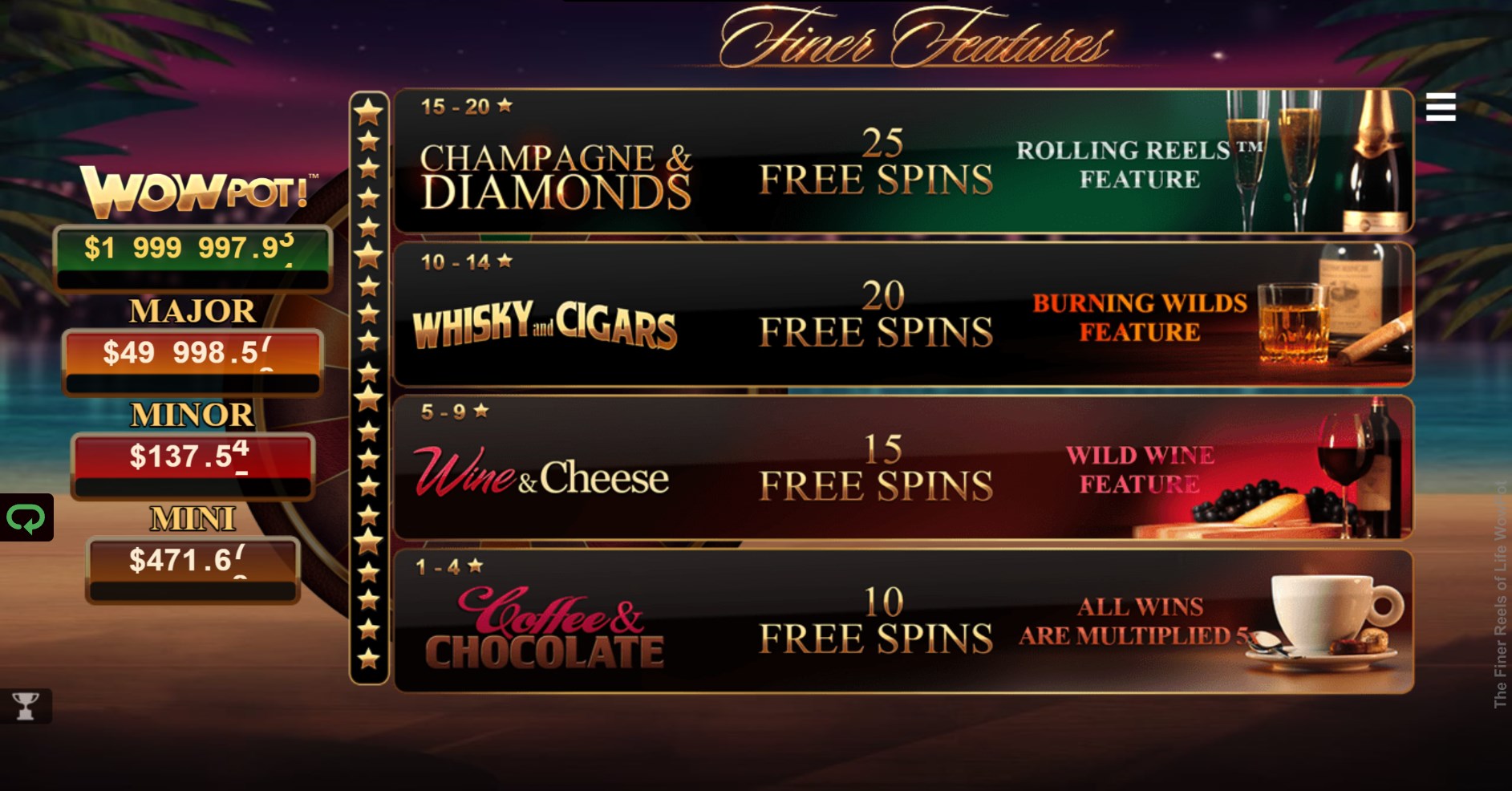 The Finer Reels of Life WOWPot Slot - Finer Features